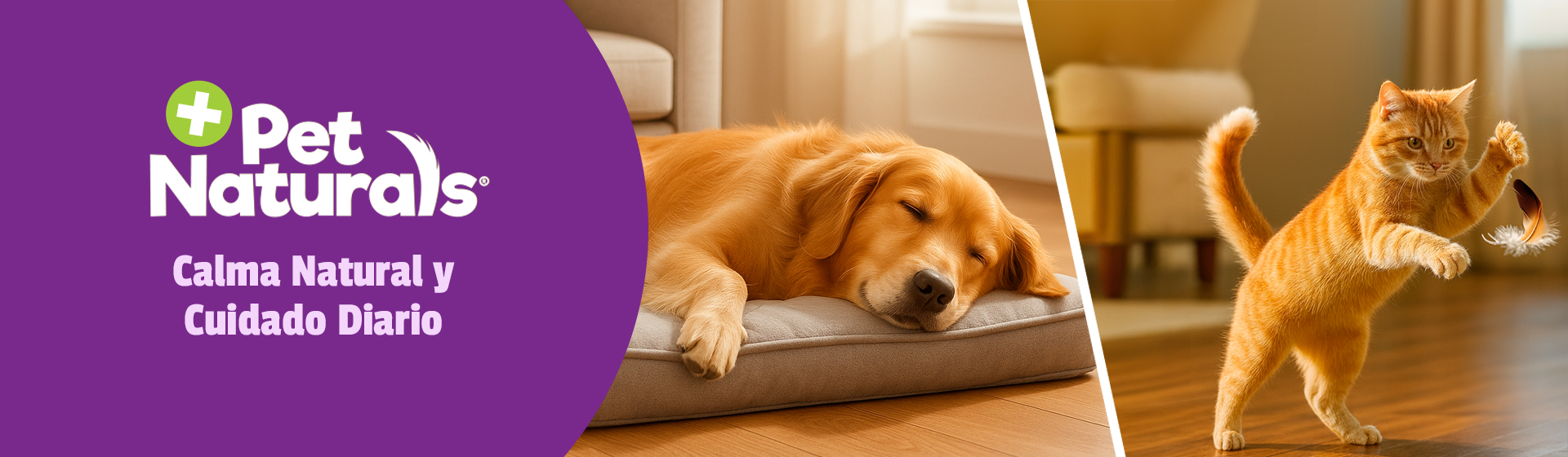 Perro calmado y gato juguetón con productos Pet Naturals
